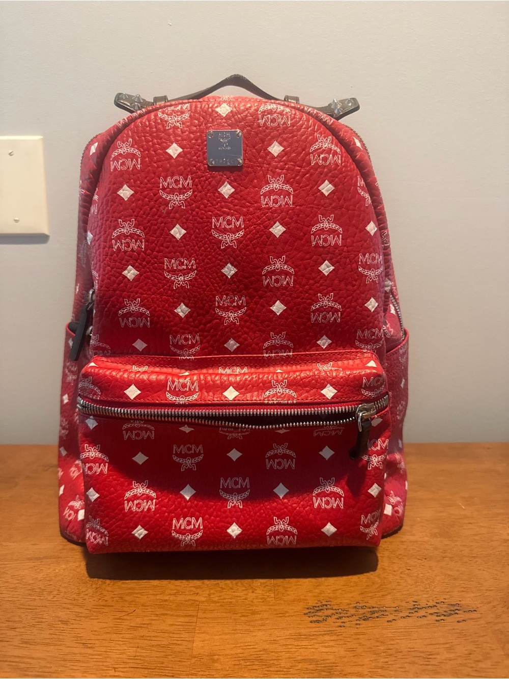 MCM Red Logo Monogram Backpack
